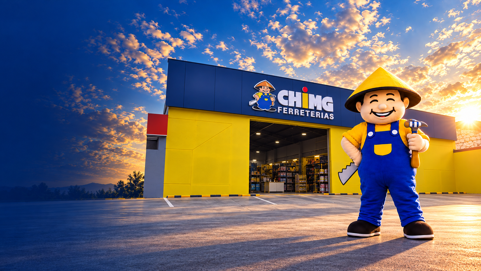 Personaje de CHIMG frente a la sucursal de Salcedo al atardecer